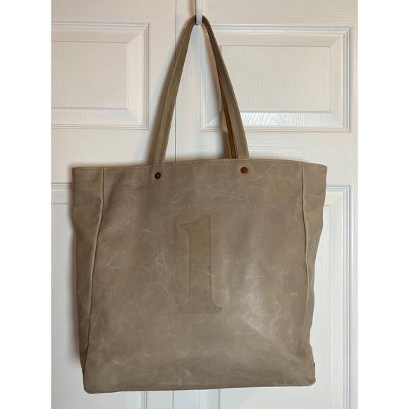 Feed The Children Of The World Leather Tote Bag Embossed Almond Shoulder Bag Tan - Picture 5 of 16